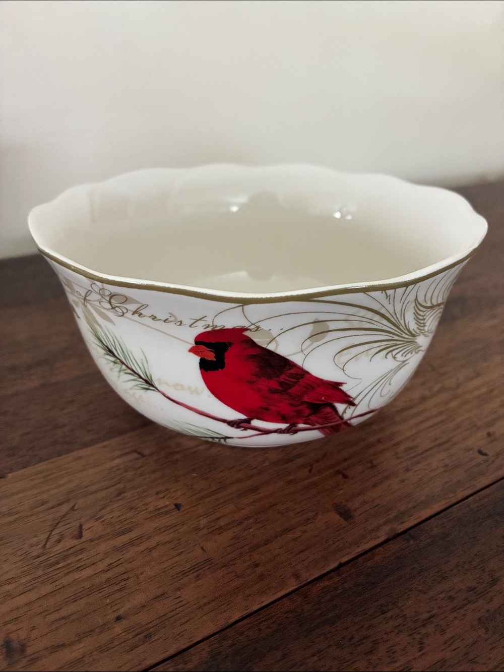 222 Fifth Holiday Wishes Christmas Bowl Cardinal & Pinecones